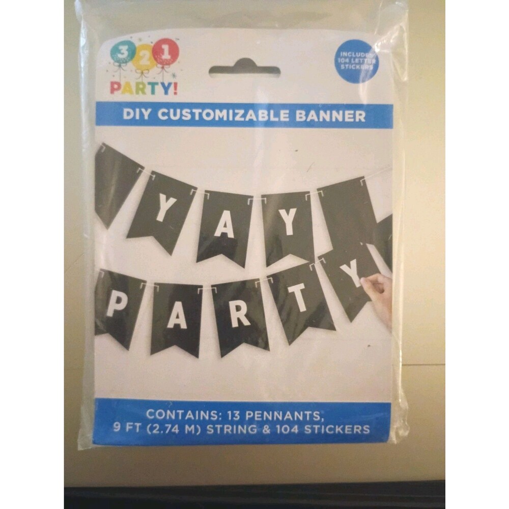 321 Party DIY Customize Banner 9 ft String 13 Black Pennants 104 Stickers NEW